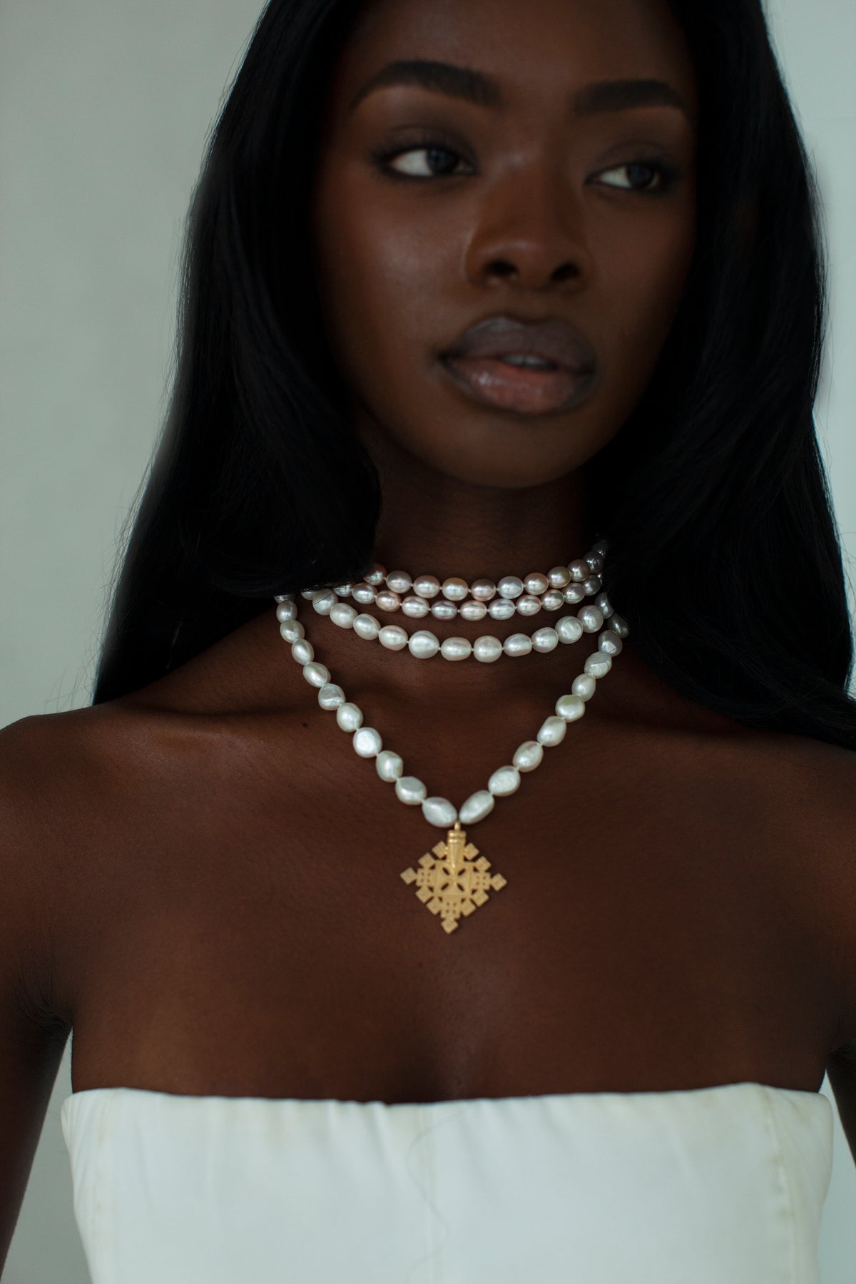 THE PEARL Choker and Ethiopian Cross Necklace Stack