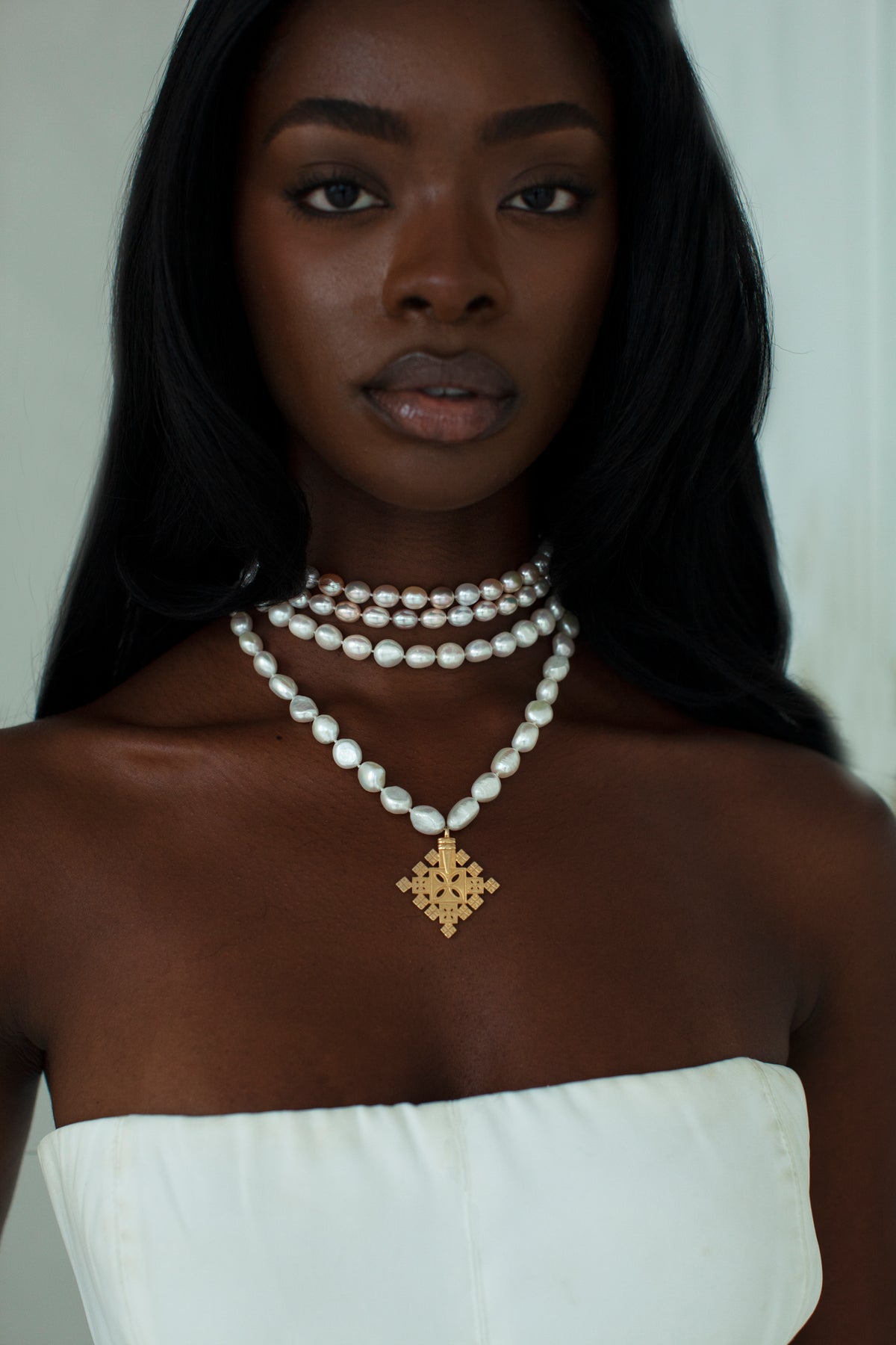 THE PEARL Choker and Ethiopian Cross Necklace Stack