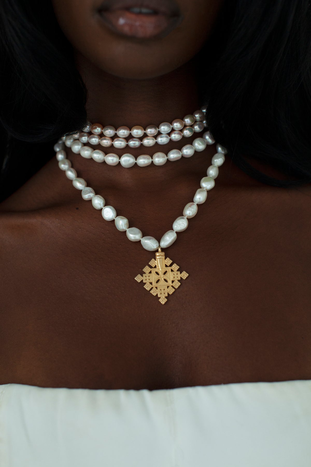 THE PEARL Choker and Ethiopian Cross Necklace Stack