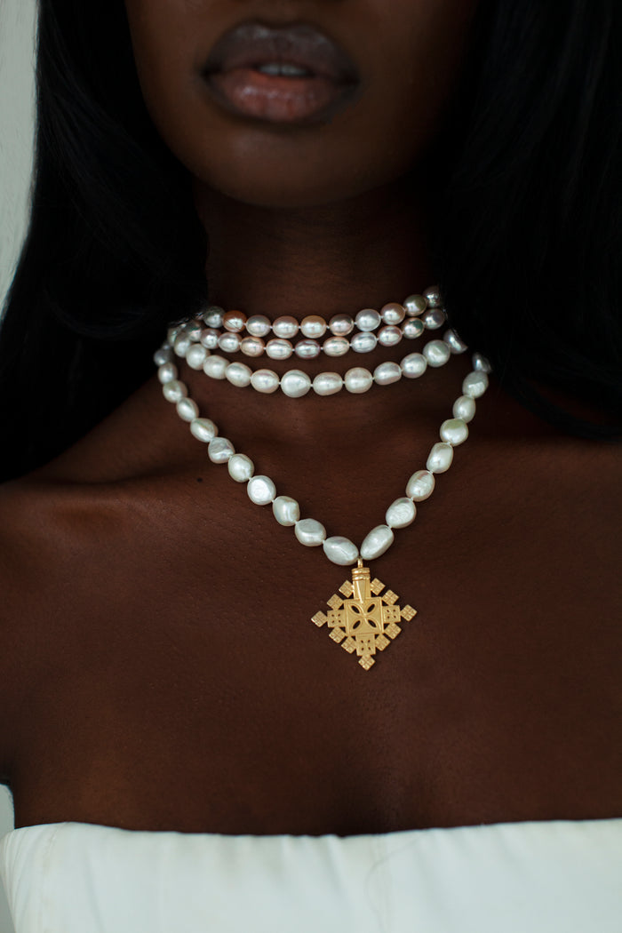 THE PEARL Choker and Ethiopian Cross Necklace Stack