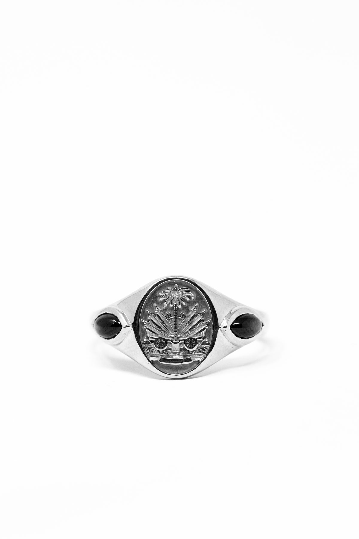 THE HAITI Crest Signet Ring With Black Star Sapphires