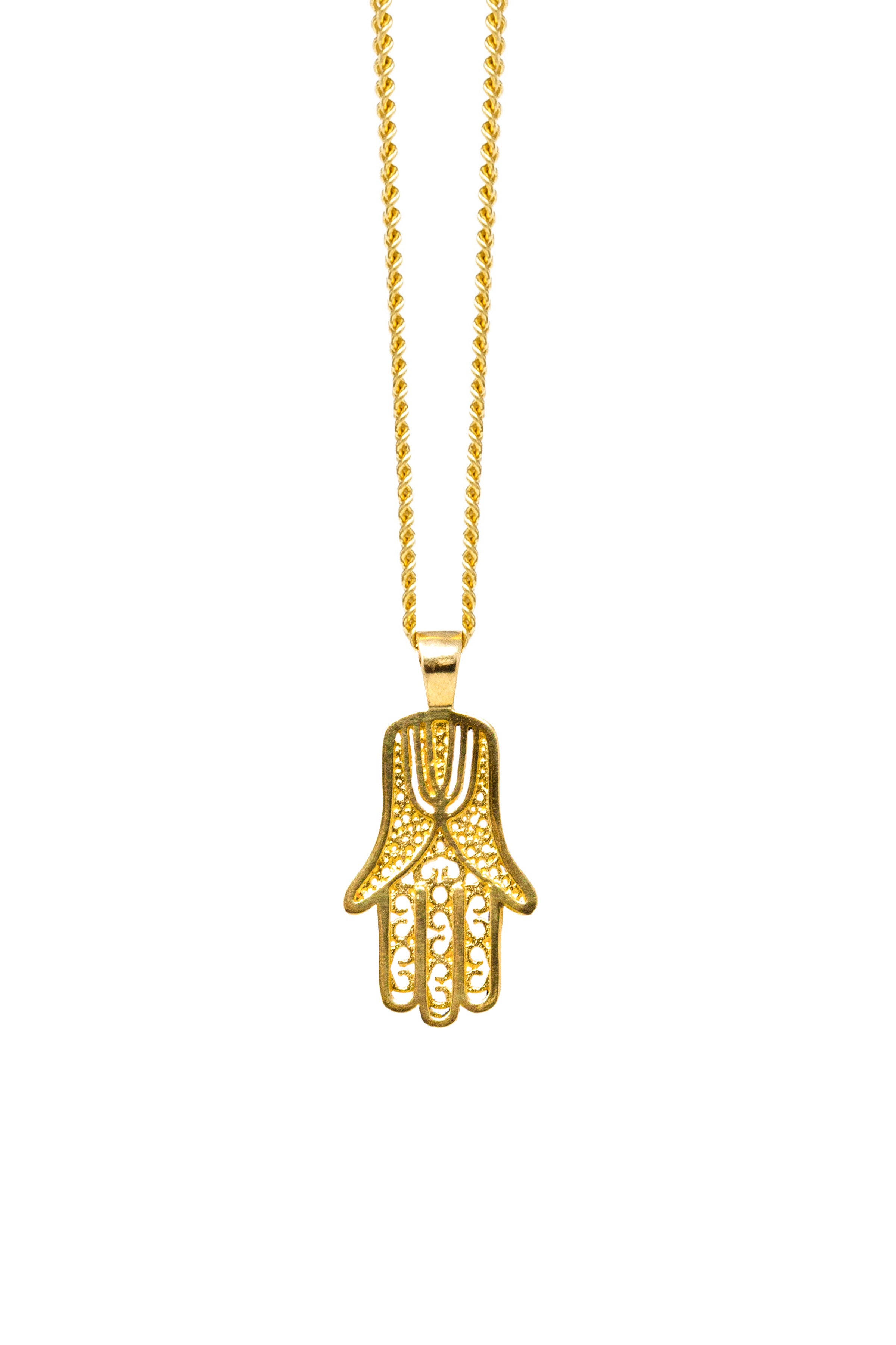 9ct Gold On Silver Simulated Diamond Hand Of Hamsa Pendant Necklace – 16-20" Curb Chain, UK Made